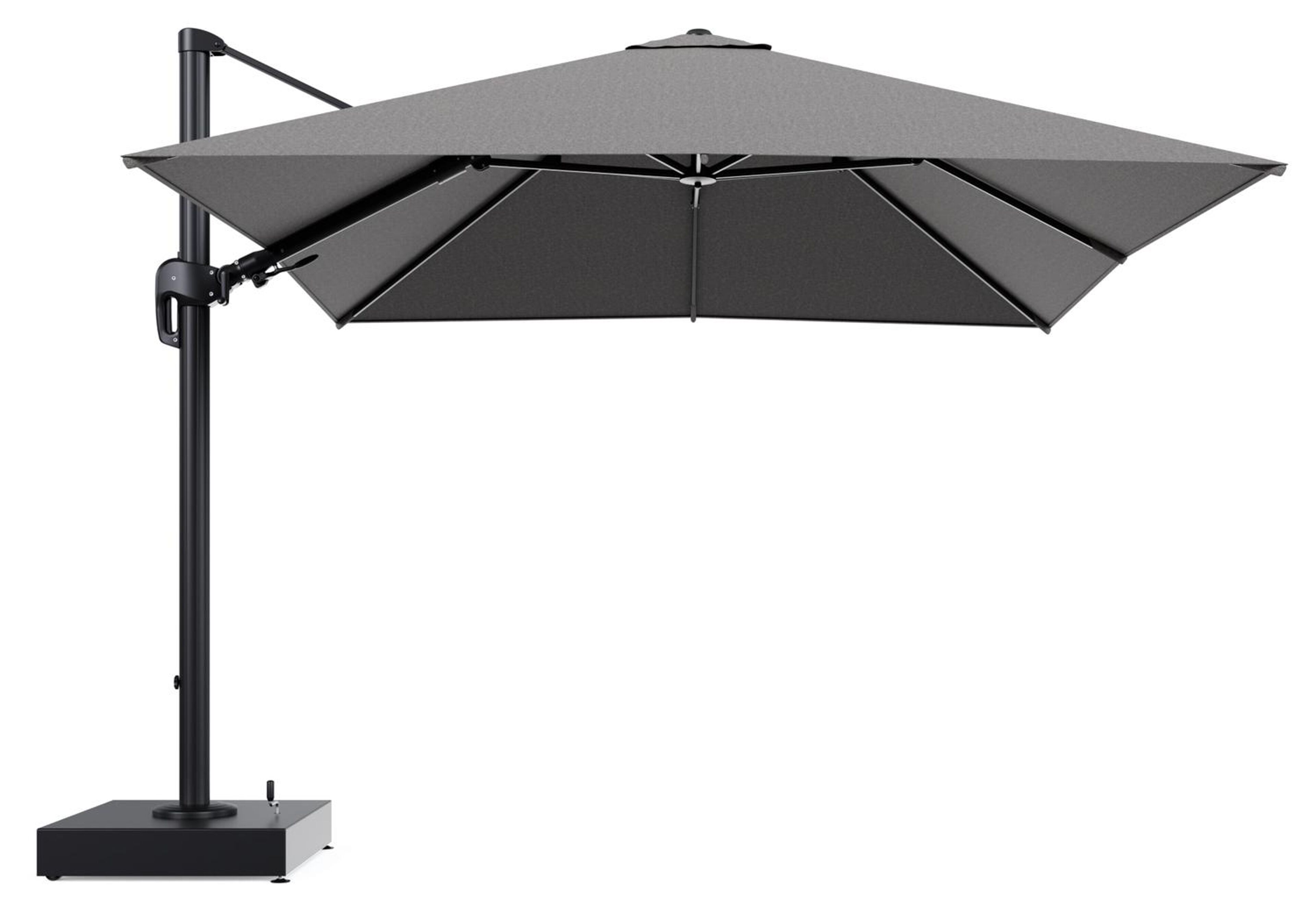 Rufina zweefparasol met tiltfunctie in zwart aluminium en Chartres Drizzle All Weather Sunbrella® Luxe parasoldoek - L1 300 x L2 300 cm met parasolvoet Minore 150 kg met wielen