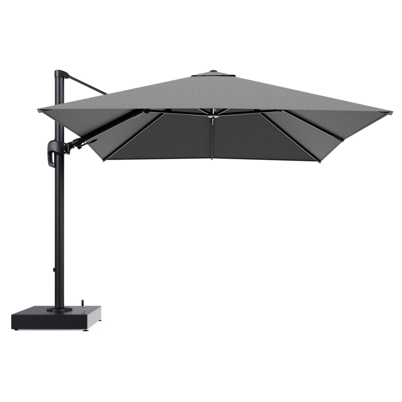 Rufina zweefparasol met tiltfunctie in zwart aluminium en Chartres Drizzle All Weather Sunbrella® Luxe parasoldoek - L1 300 x L2 300 cm met parasolvoet Minore 150 kg met wielen