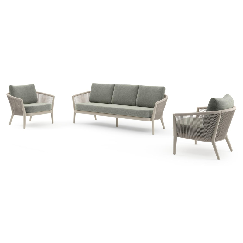 Orso loungeset in beige aluminium en beige verticaal geweven ronde rope met Savane Leaf all weather sunbrella® luxe kussen