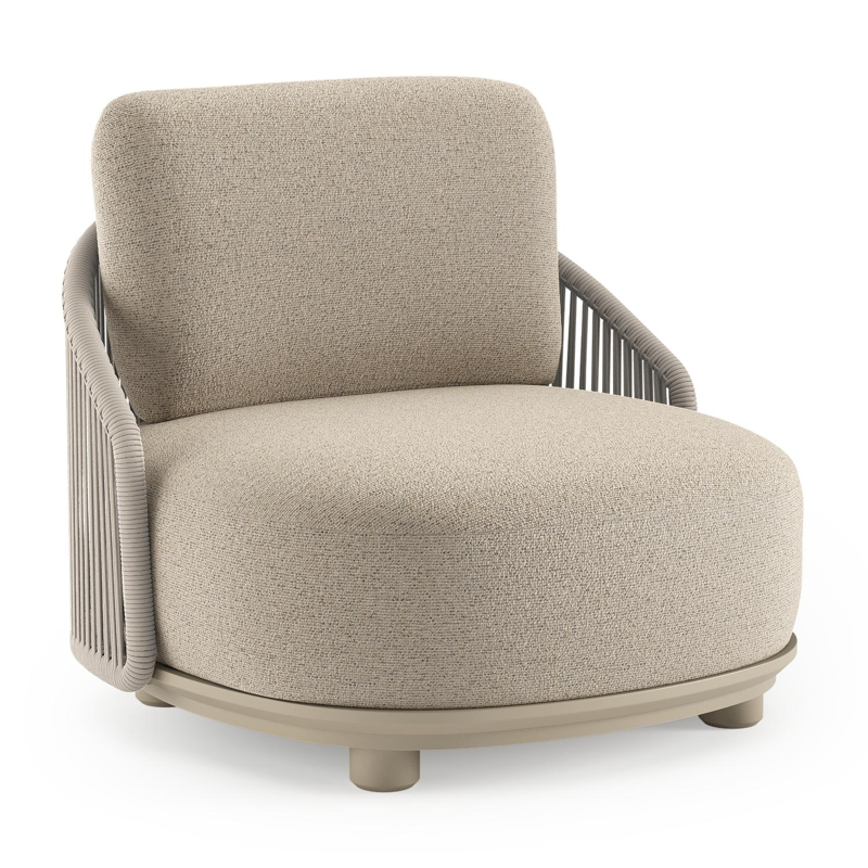 Fauteuil de jardin Vadelo en aluminium beige et corde ronde tissée verticalement beige et coussins en all weather cosytica marbella beige
