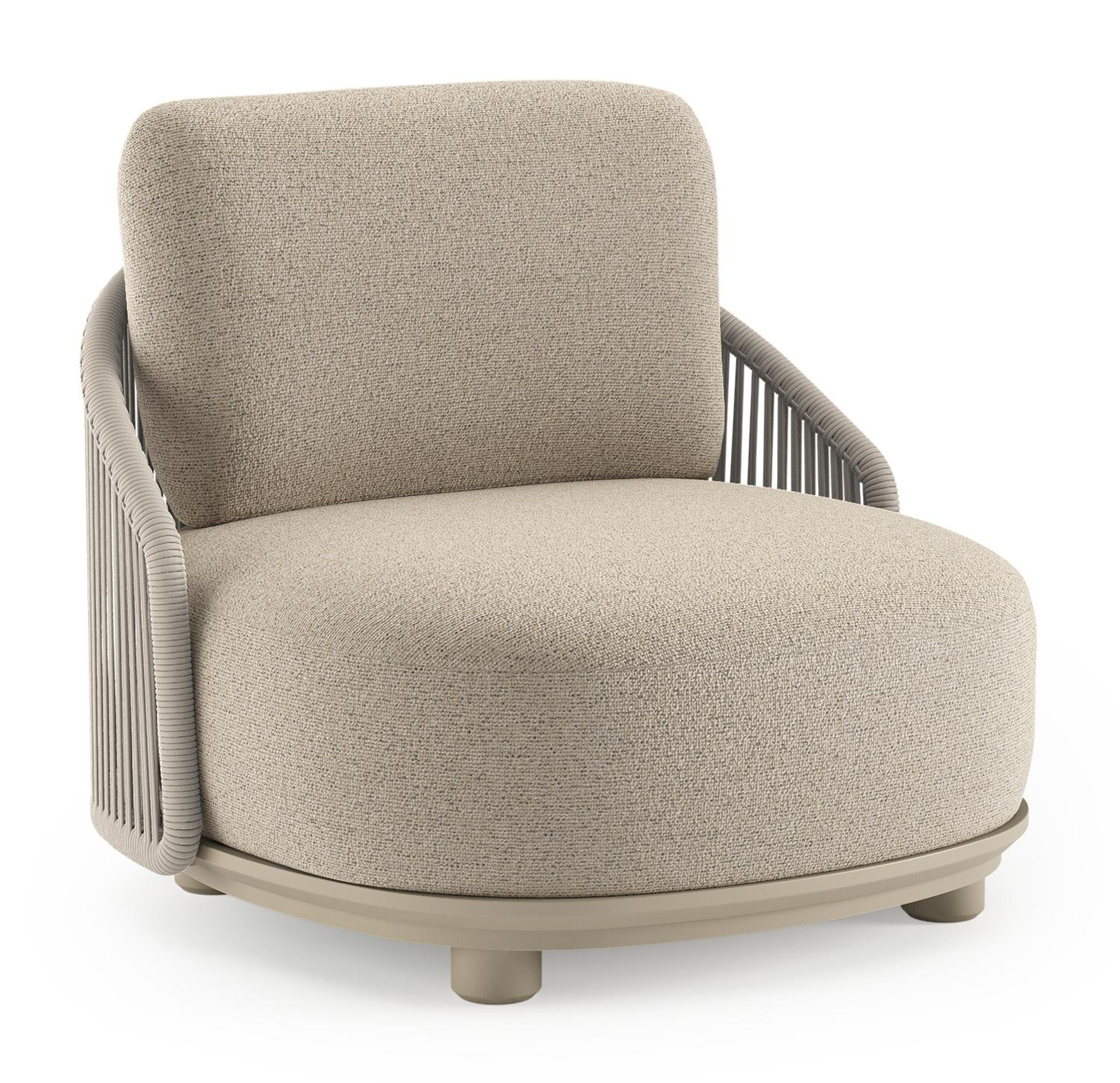 Vadelo loungestoel in beige aluminium en beige verticaal geweven ronde rope met marbella beige all weather cosytica kussen