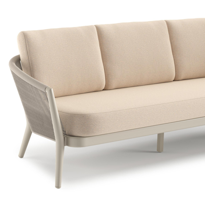 Salon de jardin Orso en aluminium beige en corde ronde tissée verticalement beige et coussins en all weather sunbrella® luxe Heritage Papyrus