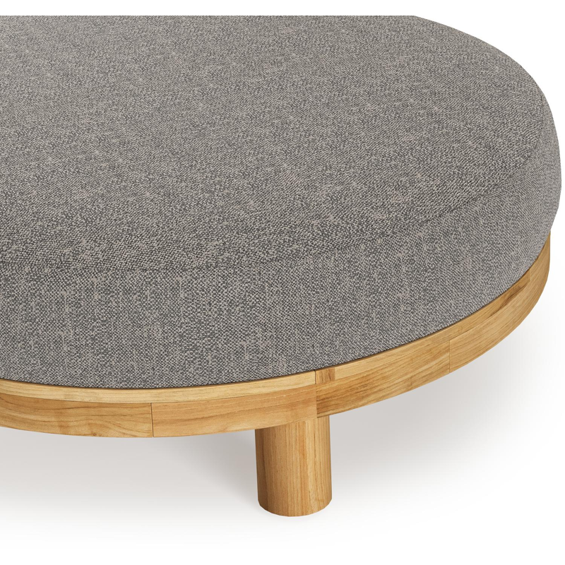 Donato lounge poef in teak en beige verticaal geweven ronde rope met all weather sunbrella® luxe Chartres Drizzle kussen