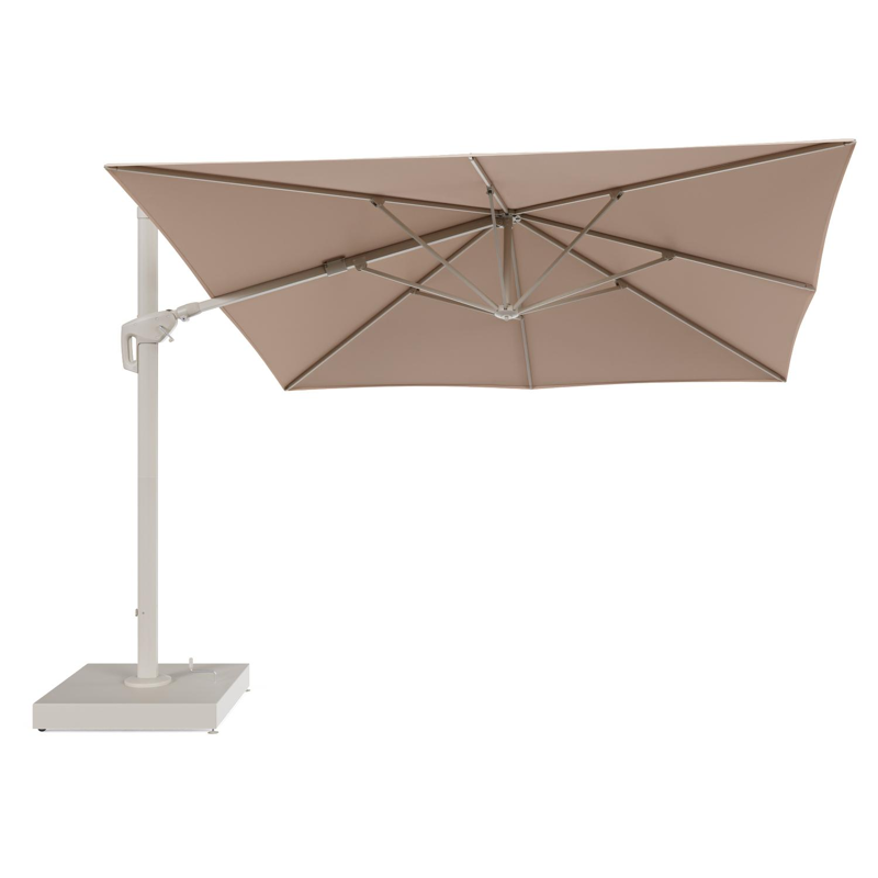 Minore zweefparasol met tiltfunctie in beige aluminium en Natte Linen Chalk All Weather Sunbrella® Luxe parasoldoek - L1 350 x L2 350 cm met parasolvoet Minore 260 kg met wielen