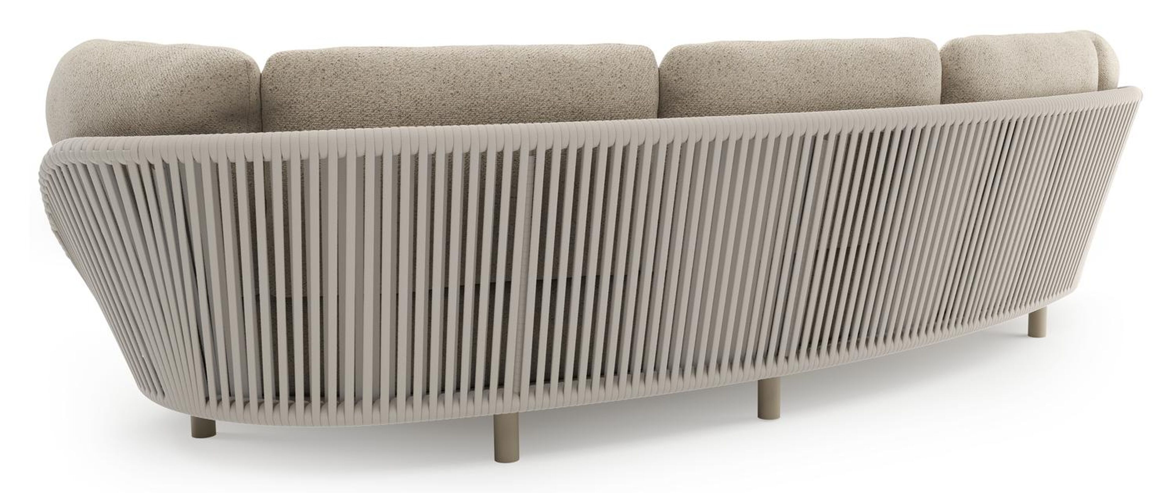 Lupino loungeset in beige aluminium en beige verticaal geweven luxe vlakke brede rope met bora desert all weather cosytica kussen