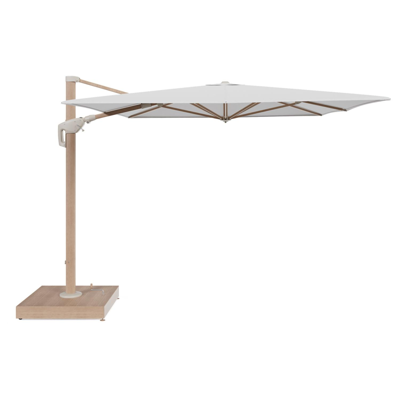 Minore zweefparasol met tiltfunctie in houtlook aluminium en beige All Weather Sunbrella® Premium parasoldoek - L1 400 x L2 300 cm met parasolvoet Minore 260 kg met wielen