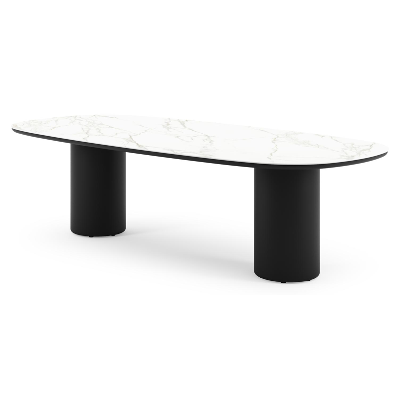 Table de jardin Amico bombo en aluminium noir et céramique pleine Calacatta - Lg. 270 x Lrg. 125 x Haut. 74 cm