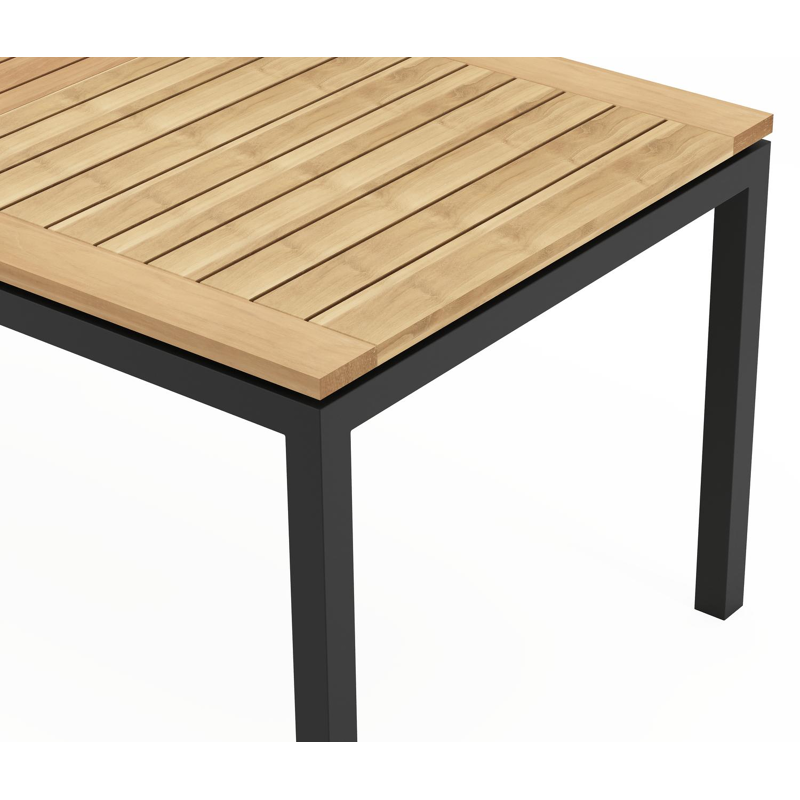Ensemble de jardin Amalfi avec table extensible en aluminium noir avec plateau de table en teck et 6 chaises de jardin empilables Madura
