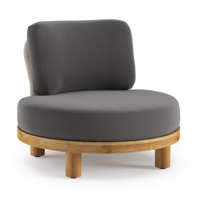 Donato loungestoel in teak en beige verticaal geweven ronde rope met all weather sunbrella® luxe Natte Charcoal Chine kussen