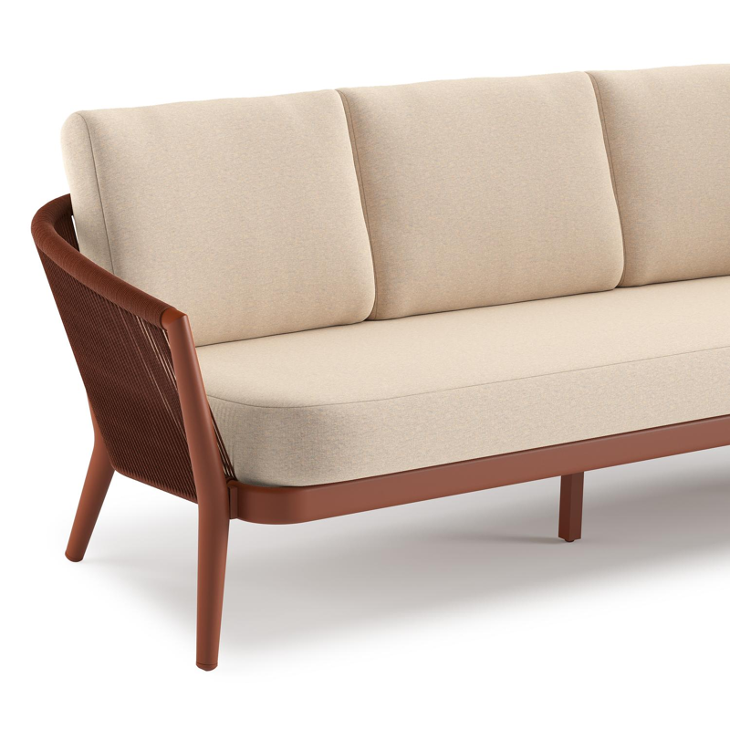 Orso loungeset in roestbruin aluminium en roestbruin verticaal geweven ronde rope met Heritage Papyrus all weather sunbrella® luxe kussen