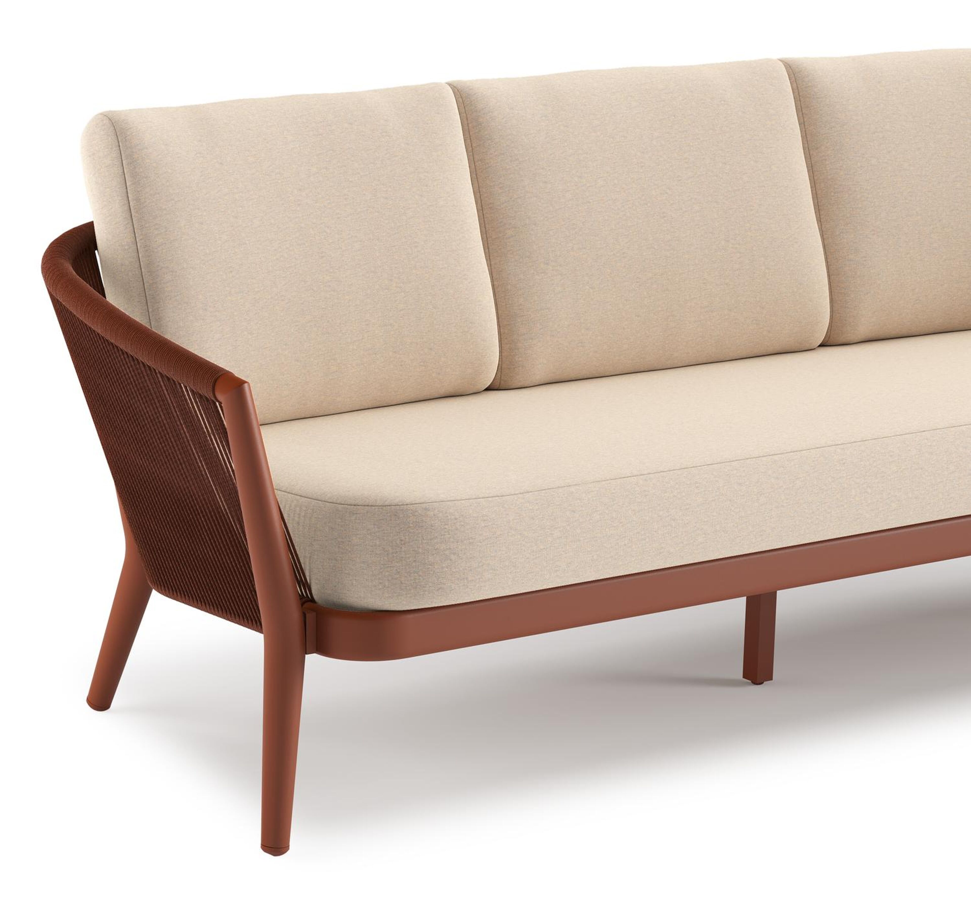 Salon de jardin Orso en aluminium brun rouille en corde ronde tissée verticalement brun rouille et coussins en all weather sunbrella® luxe Heritage Papyrus