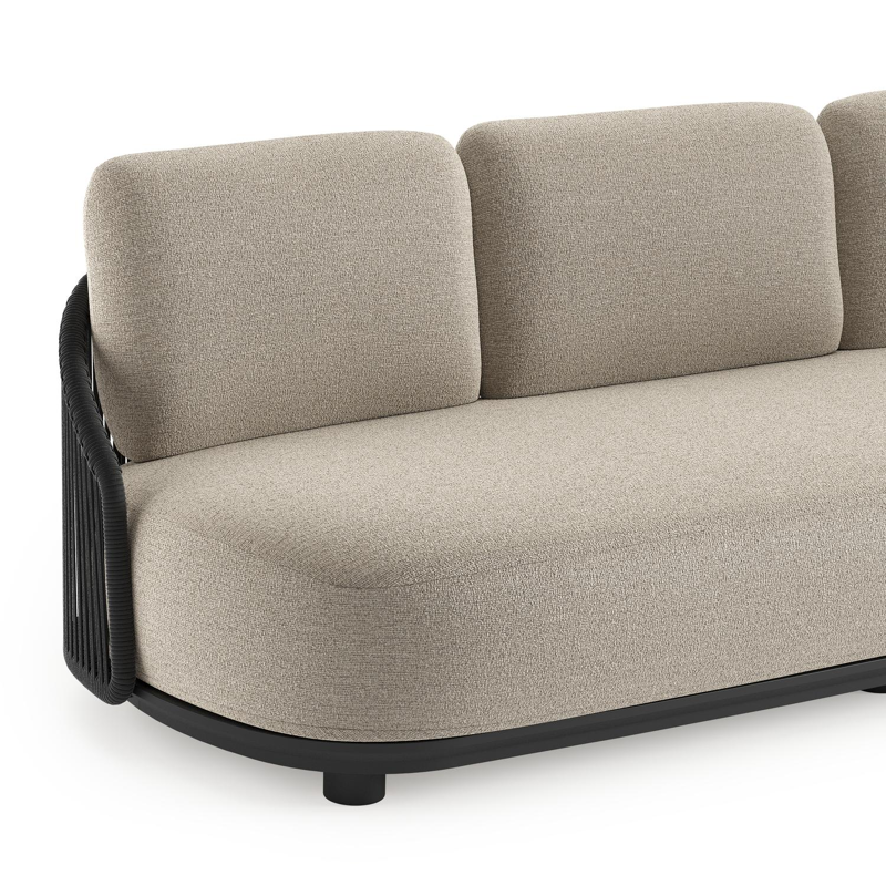 Canapé de jardin Vadelo en aluminium noir et corde ronde tissée verticalement noir et coussins en all weather cosytica catania greige