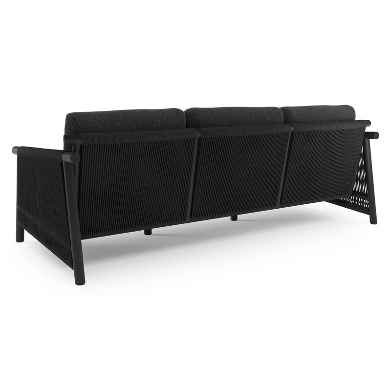 Salon de jardin Erla en aluminium noir et corde ronde tissée verticalement noir et coussins en weather+ softtouch noir