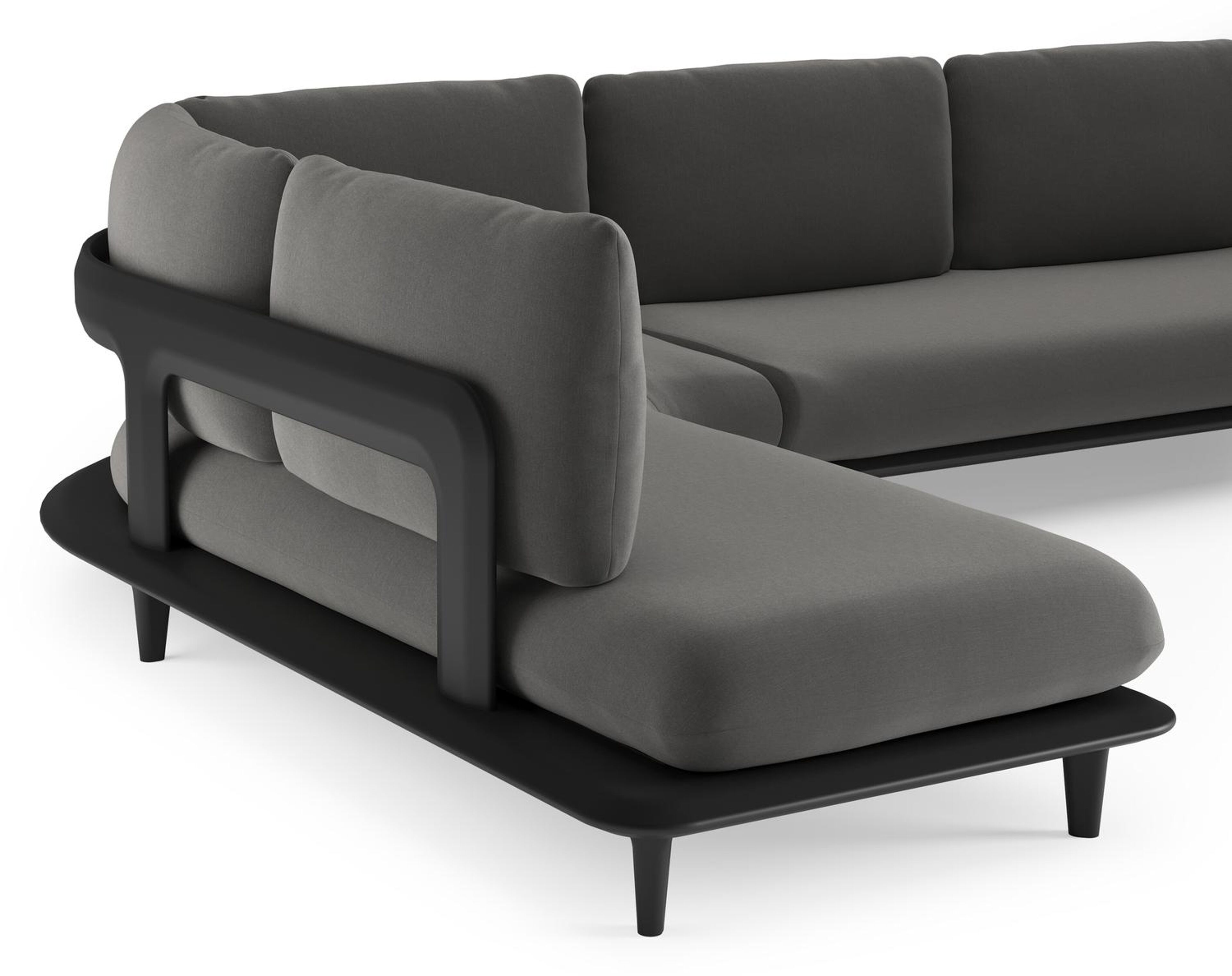 Salon de jardin d'angle Bomero en aluminium noir et coussins en all weather sunbrella® luxe natte charcoal chine