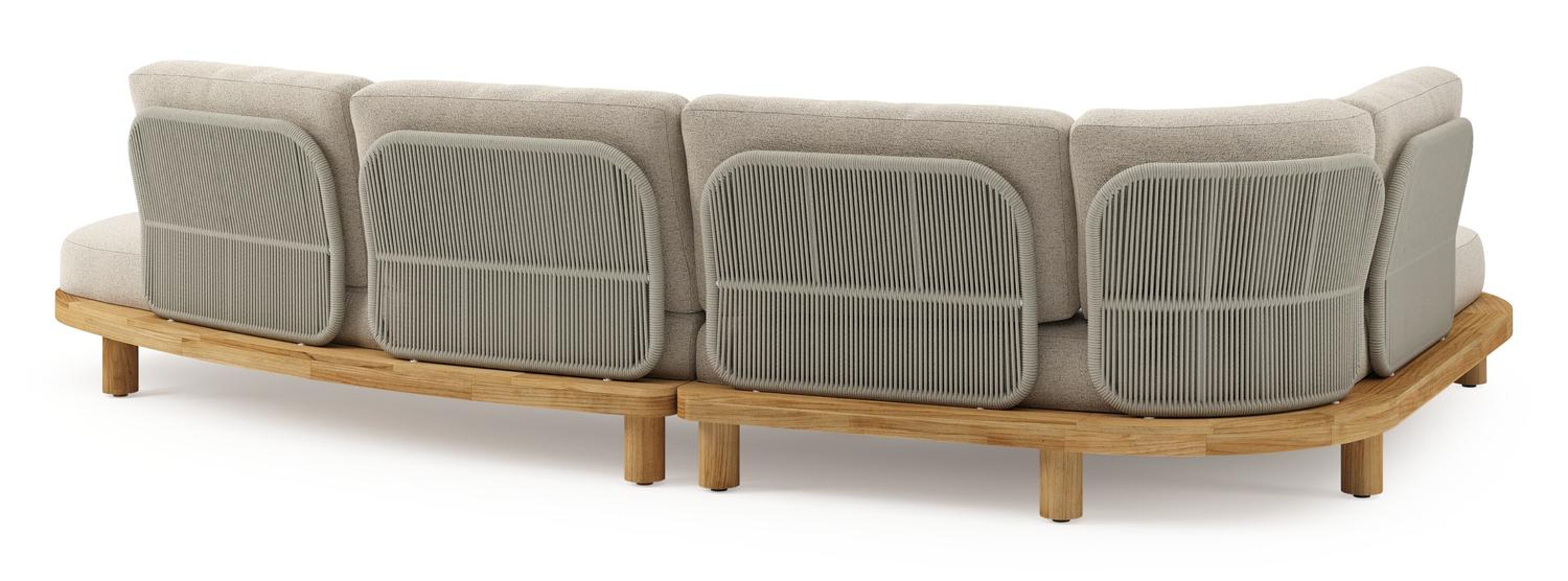 Salon de jardin d'angle Donato en teck et corde ronde tissée verticalement beige et coussins en all weather cosytica Marbella Beige
