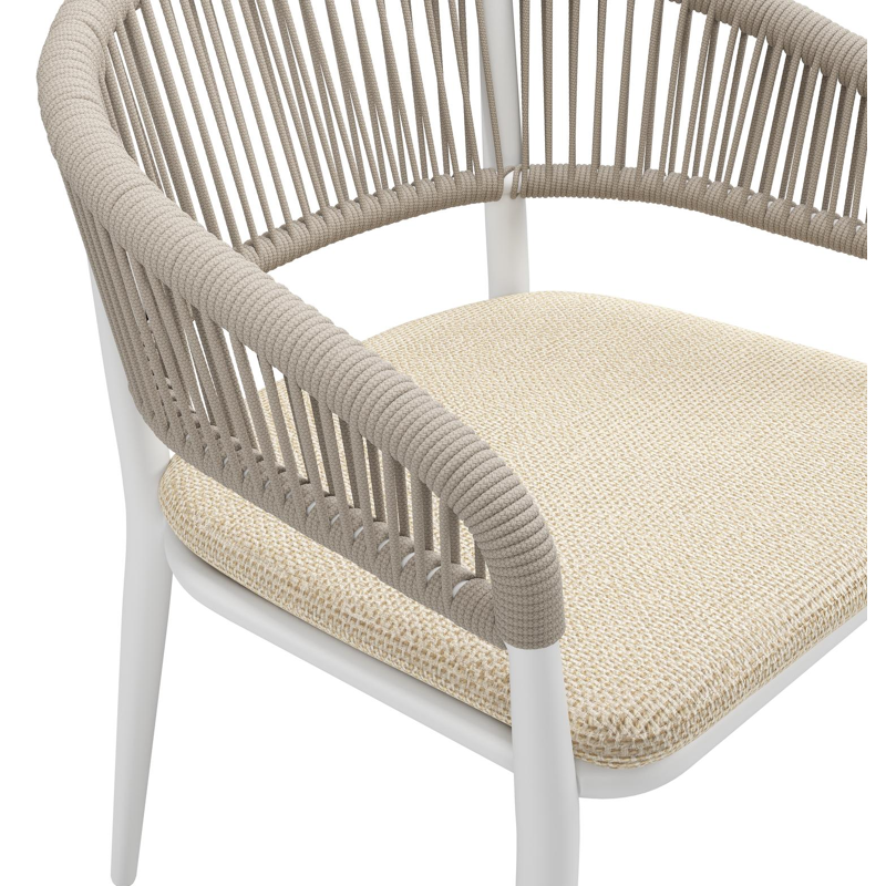 Chaise de jardin empilable Tolfa en aluminium blanc et corde ronde tissée verticalement beige avec coussin en All Weather Cosytica Althea Camel