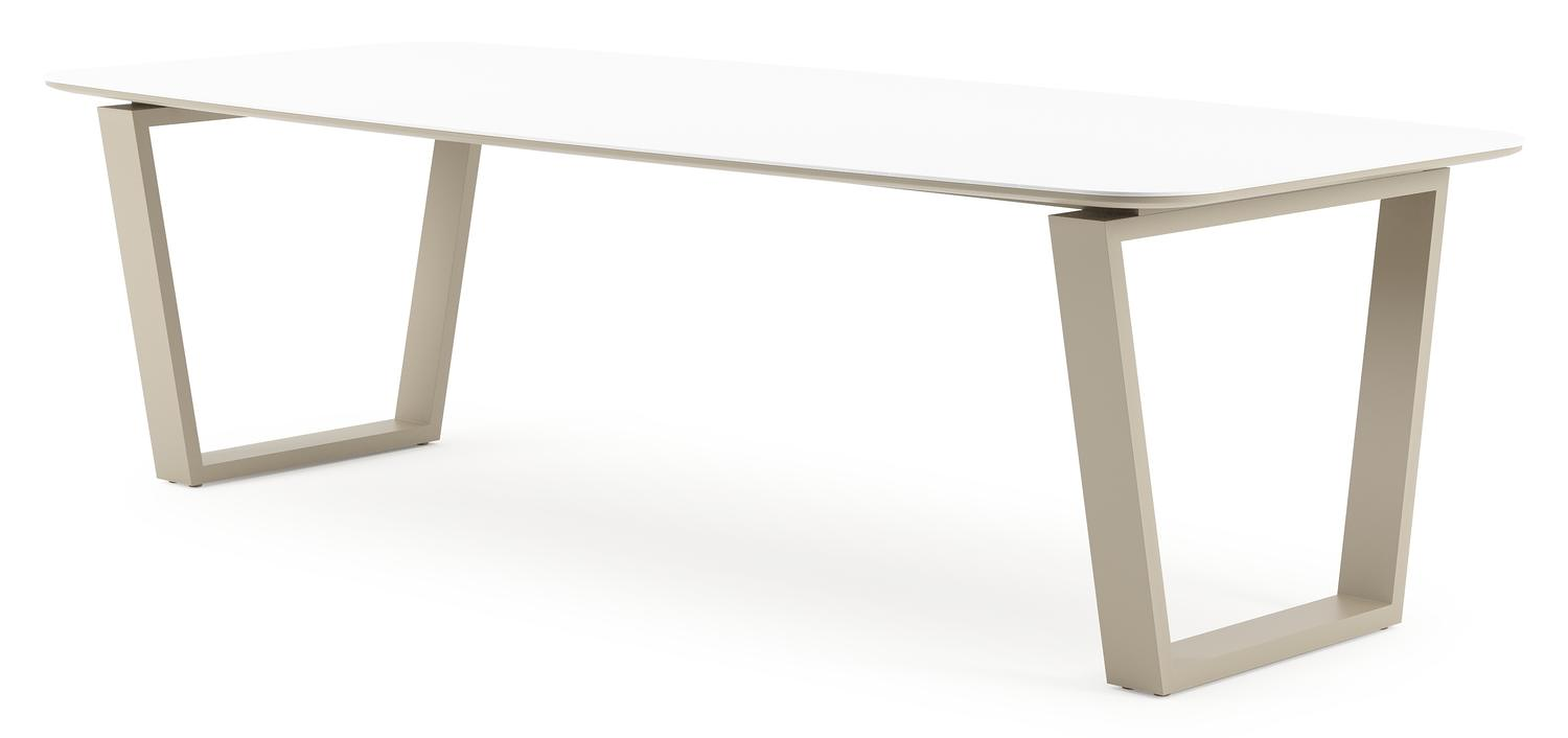 Table de jardin Pagino forme de bateau en aluminium beige et céramique pleine Arctic White - Lg. 255 x Lrg. 115 x Haut. 73 cm