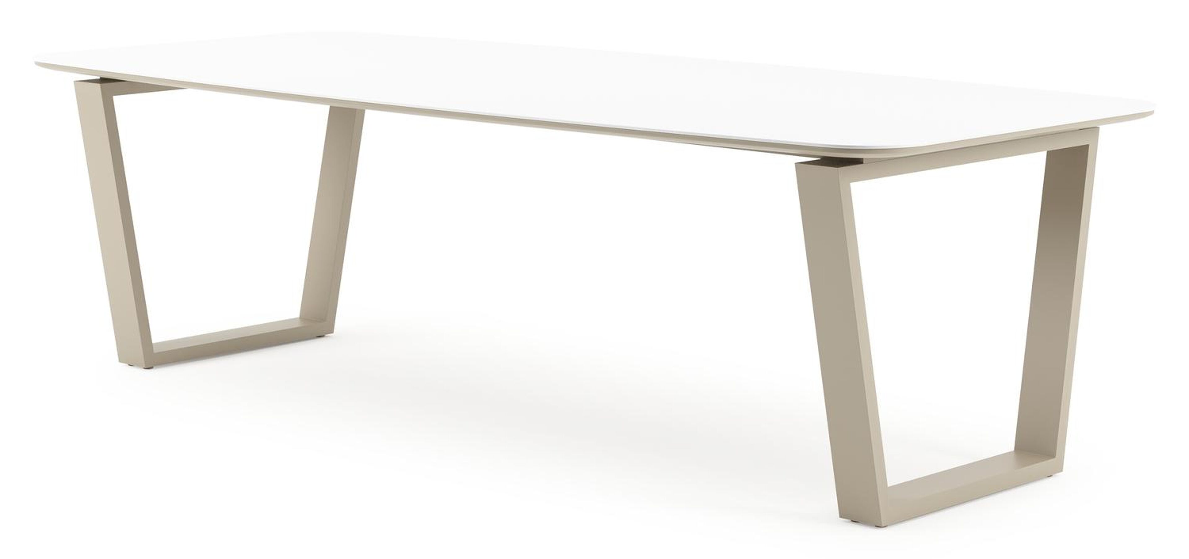 Table de jardin Pagino forme de bateau en aluminium beige et céramique pleine Arctic White - Lg. 255 x Lrg. 115 x Haut. 73 cm