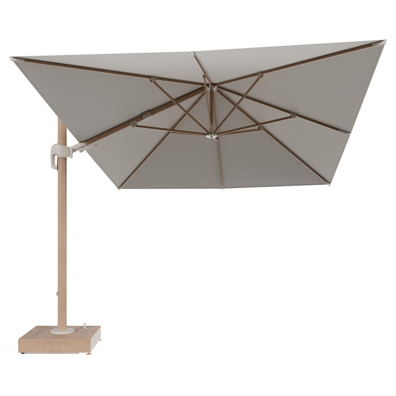 Rufina zweefparasol met tiltfunctie in houtlook aluminium en Lopi Marble All Weather Sunbrella® Luxe parasoldoek - L1 400 x L2 300 cm met parasolvoet Minore 150 kg met wielen