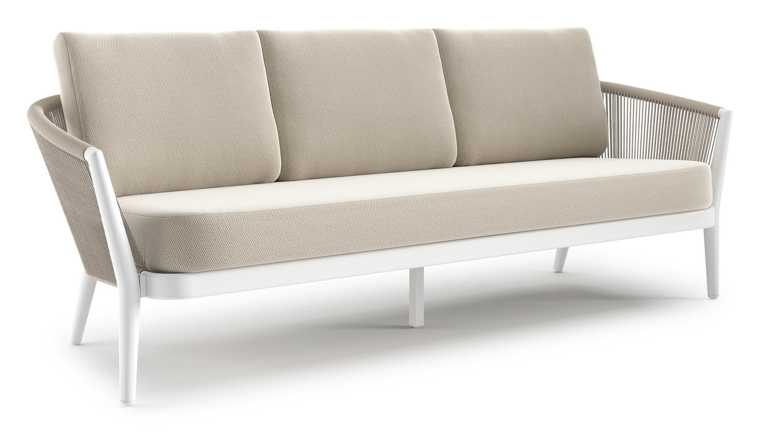 Canapé de jardin Orso en aluminium blanc en corde ronde tissée verticalement beige et coussins en all weather sunbrella® luxe Lopi Marble