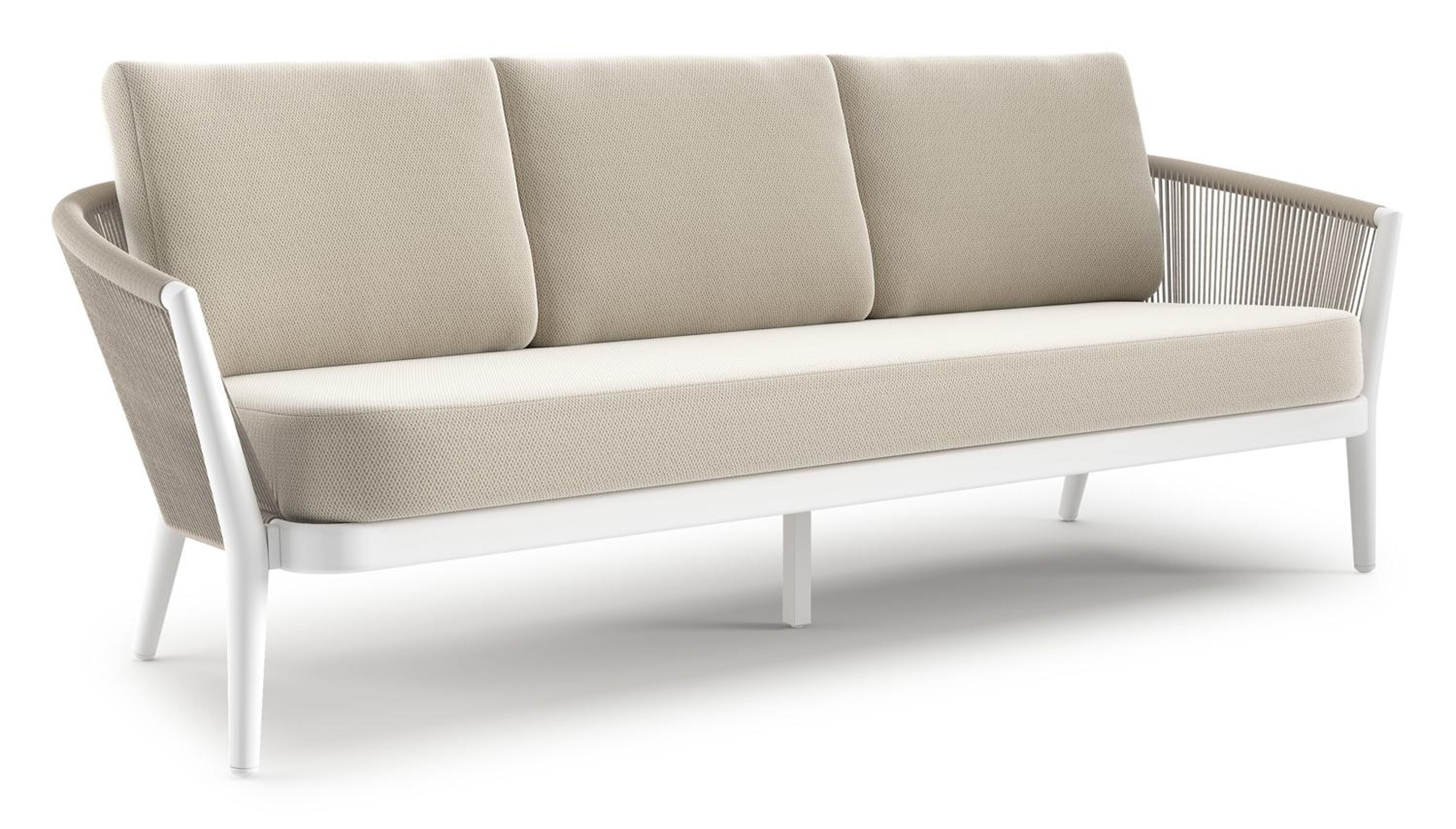 Canapé de jardin Orso en aluminium blanc en corde ronde tissée verticalement beige et coussins en all weather sunbrella® luxe Lopi Marble