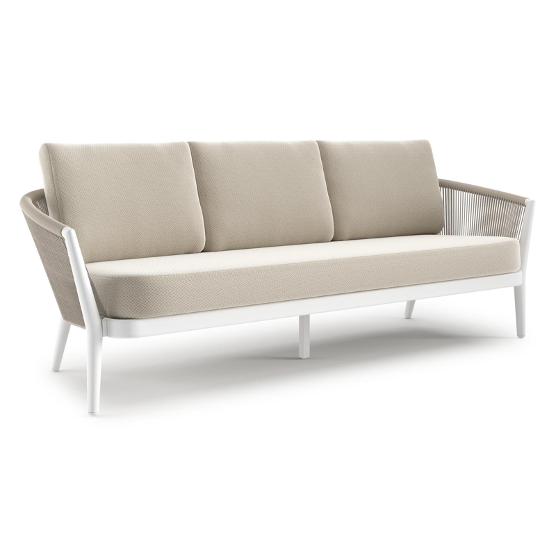 Orso loungebank in wit aluminium en beige verticaal geweven ronde rope met Lopi Marble all weather sunbrella® luxe kussen