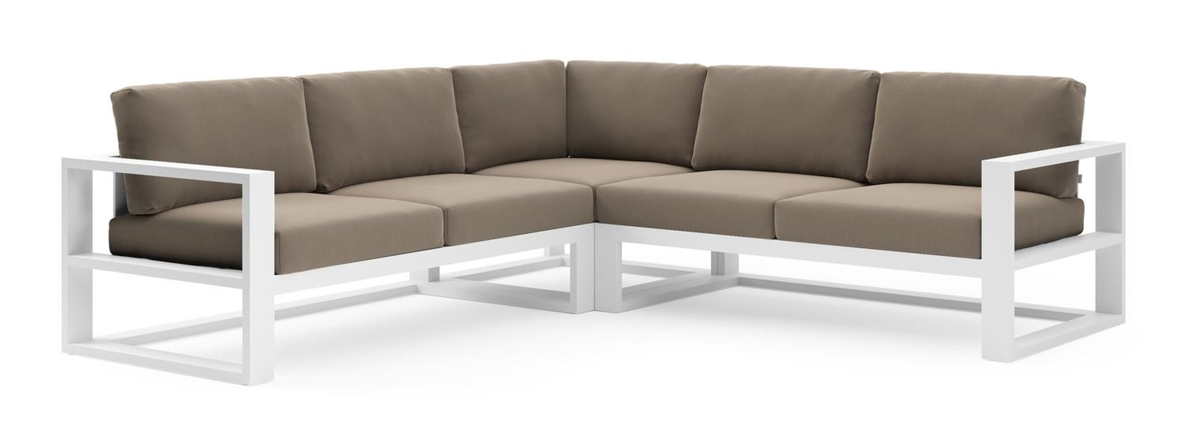 Salon de jardin d'angle Verato en aluminium blanc et coussins en all weather sunbrella® luxe natte heather grey