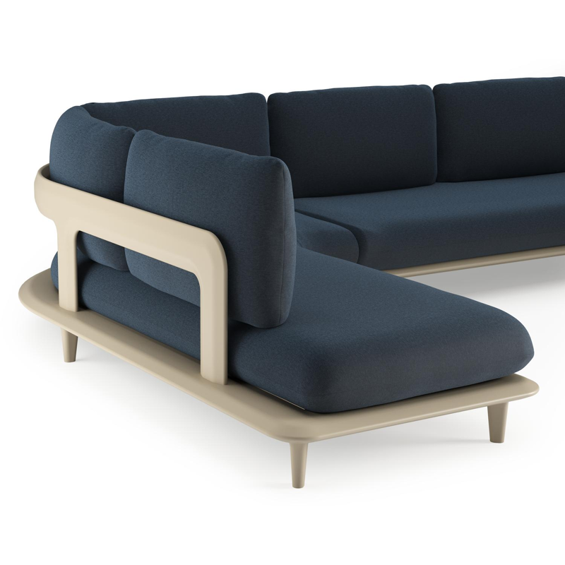 Bomero loungehoek in beige aluminium met heritage indigo all weather sunbrella® luxe kussen
