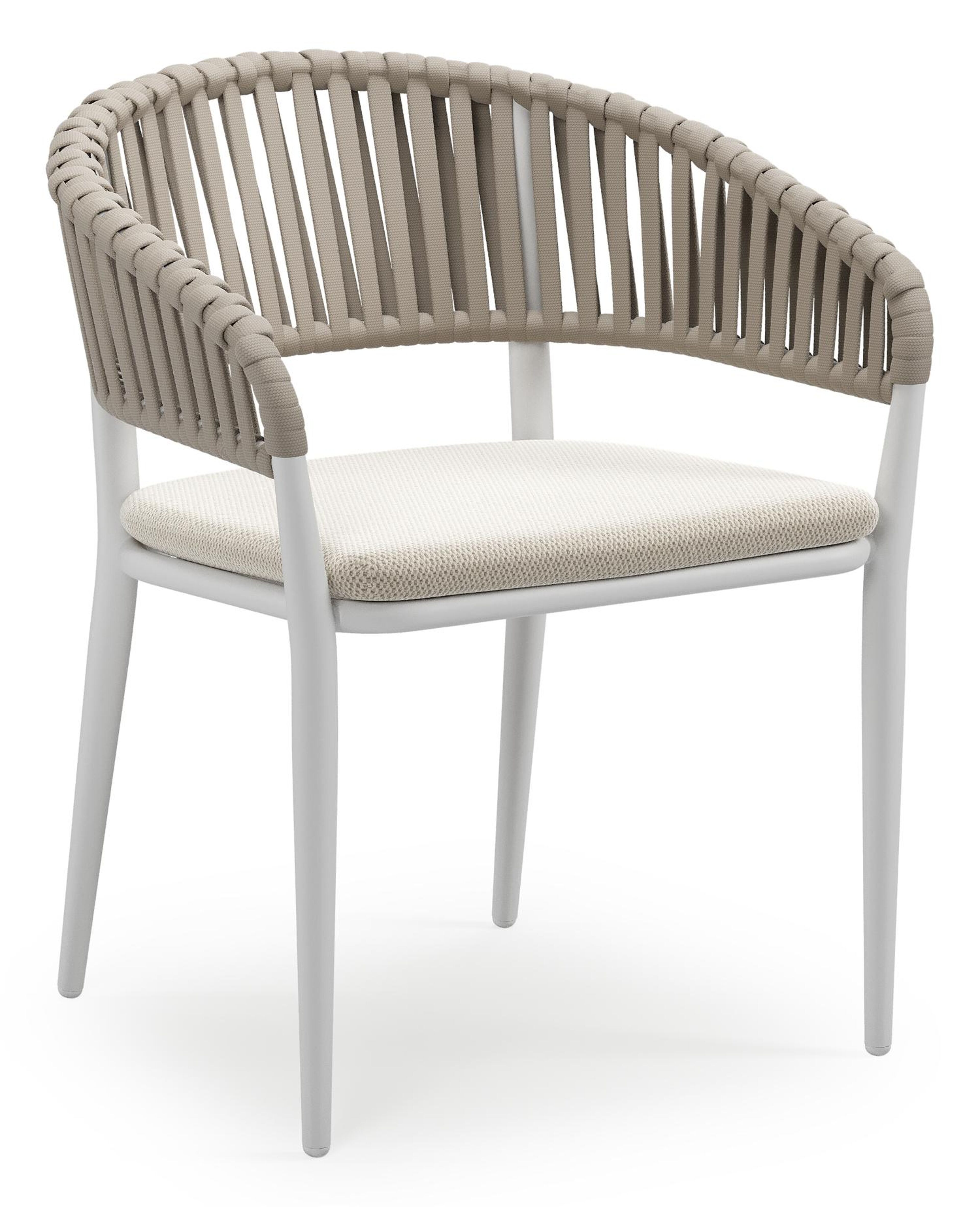Tolfa stapelbare tuinstoel in wit aluminium en beige verticaal geweven luxe vlakke brede rope met stoelkussen in All Weather Sunbrella® Luxe Lopi Marble
