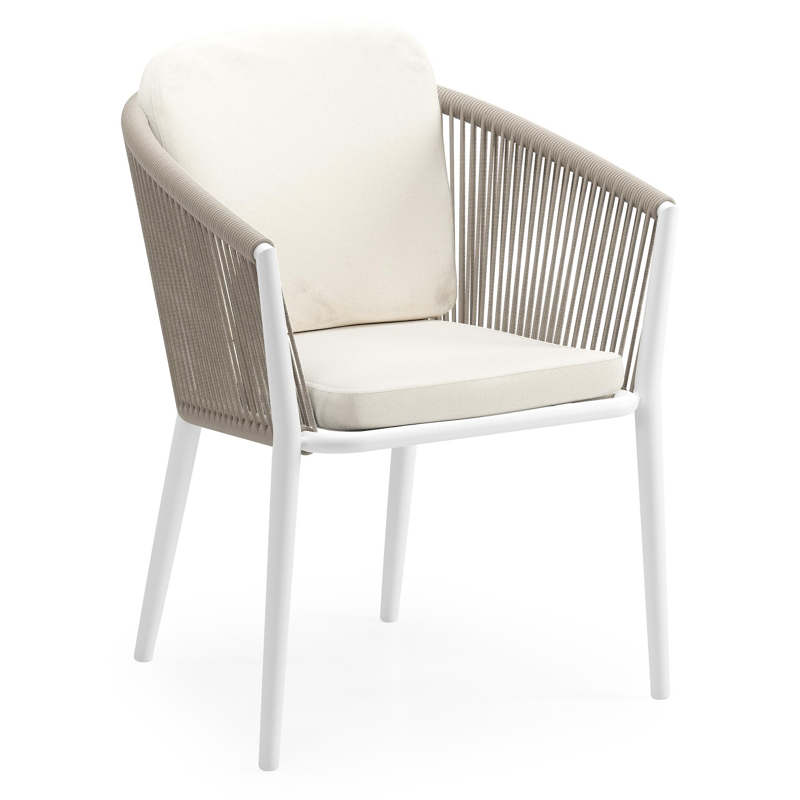 Orso tuinstoel in wit aluminium en beige verticaal geweven ronde rope met luxe zitkussen in All Weather Sunbrella® Luxe Natte White