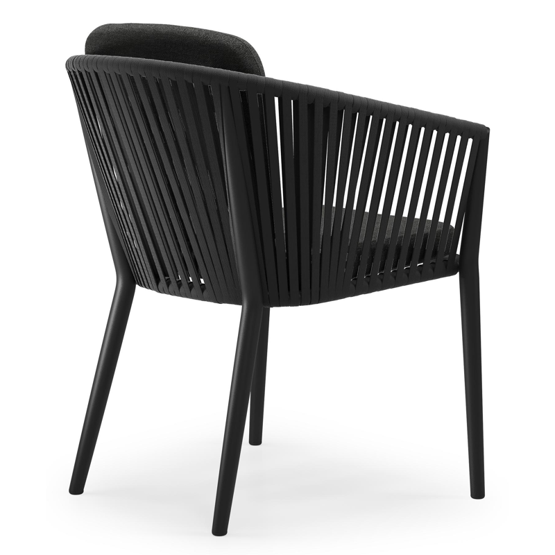 Orso tuinstoel in zwart aluminium en zwart verticaal geweven vlakke rope met kussen in chartres sooty all weather sunbrella® luxe