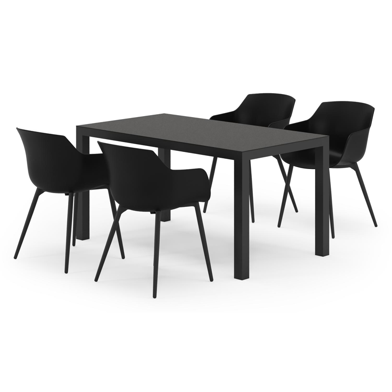 Ensemble de jardin Toma en aluminium noir et sintered stone noir avec 4 chaises de jardin Paco