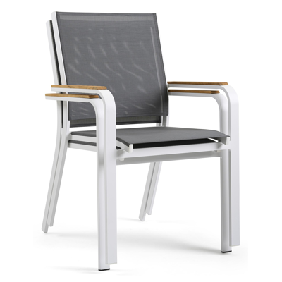 Trente tuinset in wit aluminium en teak naturel tafelblad met 8 stapelbare Amalfi tuinstoelen