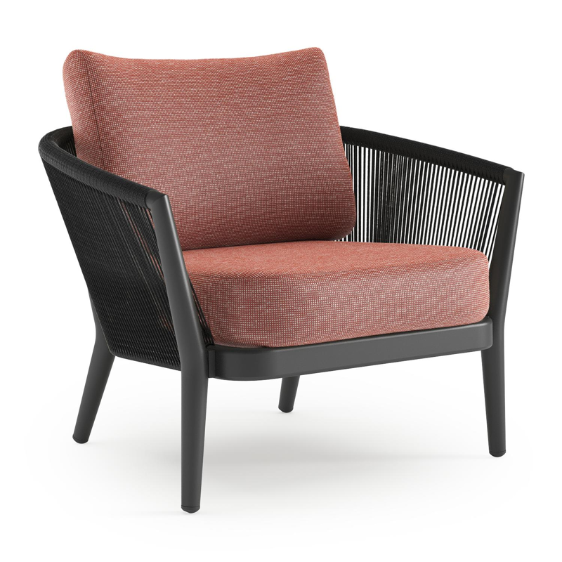 Fauteuil de jardin Orso en aluminium noir en corde ronde tissée verticalement noir et coussins en all weather sunbrella® luxe Slow Alezan