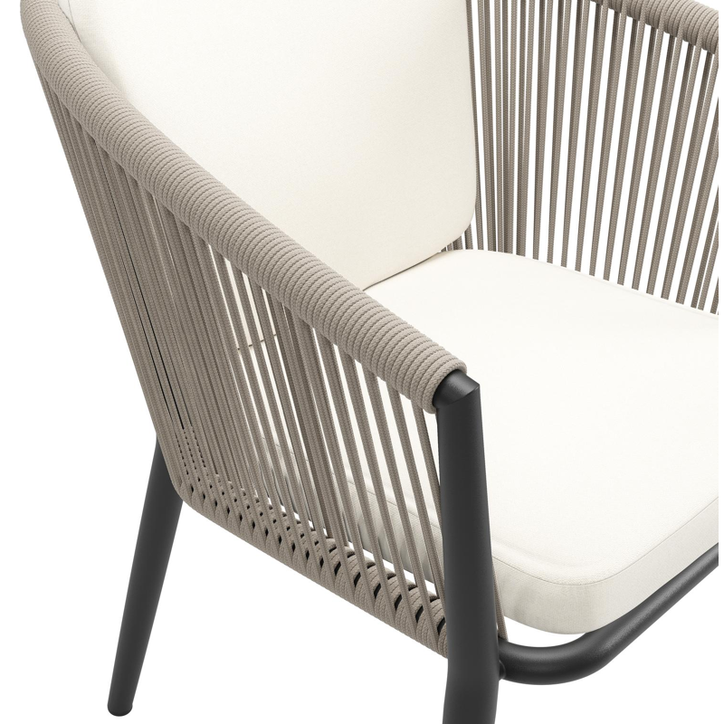 Orso tuinstoel in zwart aluminium en beige verticaal geweven ronde rope met zitkussen in All Weather Sunbrella® Luxe Natte White