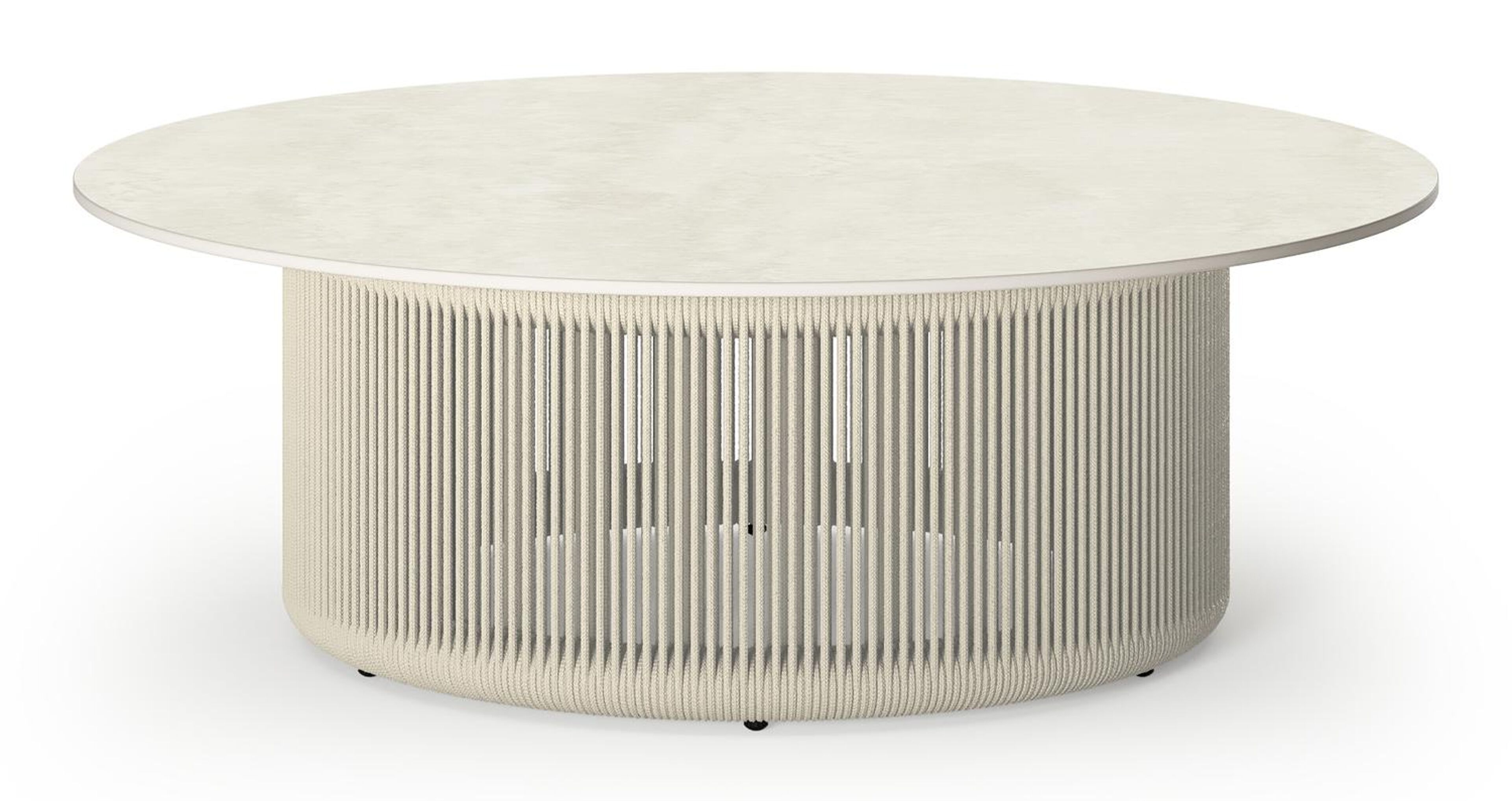 Table basse Erla en aluminium beige et corde ronde beige tissée verticalement en corde beige et sintered stone beige - Diam. 90 x Haut. 30 cm