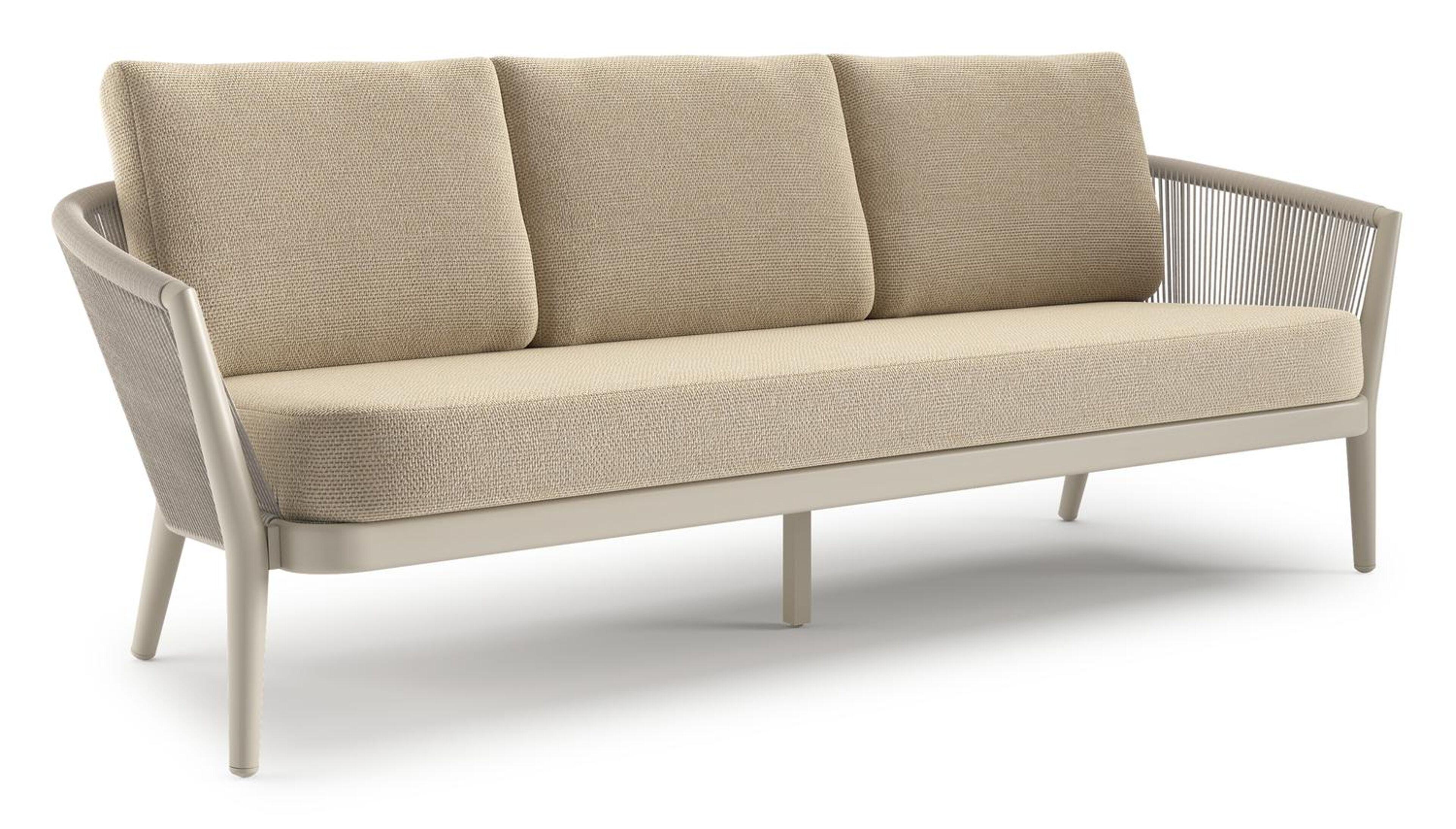 Orso loungebank in beige aluminium en beige verticaal geweven ronde rope met Althea Camel all weather cosytica kussen