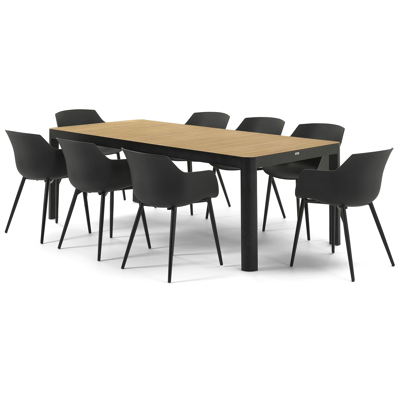 Ellara tuinset in zwart aluminium en naturel polywood tafelblad met 8 Paco tuinstoelen