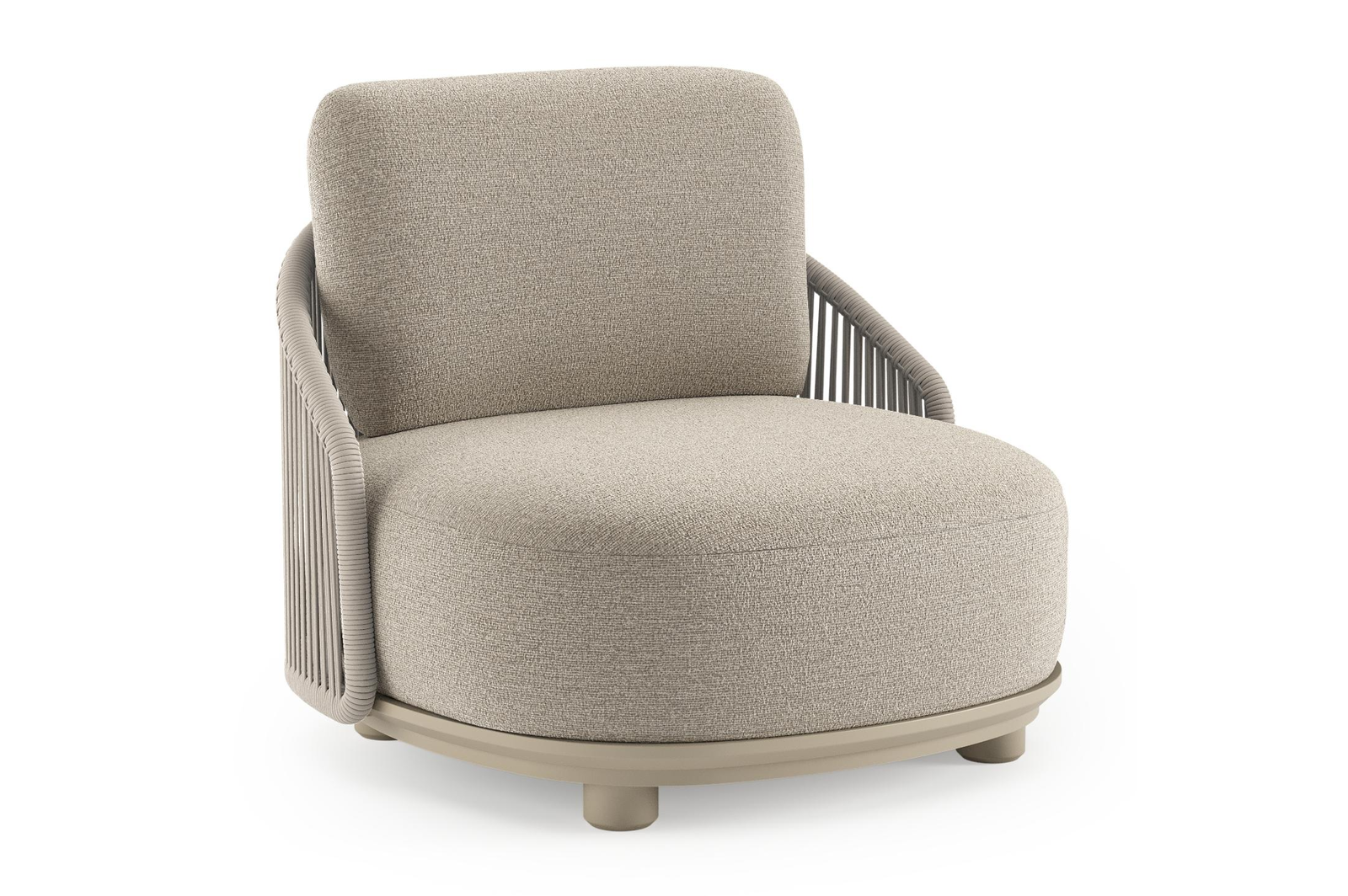 Fauteuil de jardin Vadelo en aluminium beige et corde ronde tissée verticalement beige et coussins en all weather cosytica catania greige