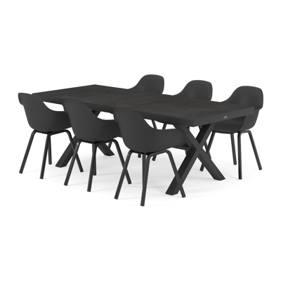 Reza tuinset in zwart aluminium en zwart volkeramiek tafelblad met 6 Puglia tuinstoelen