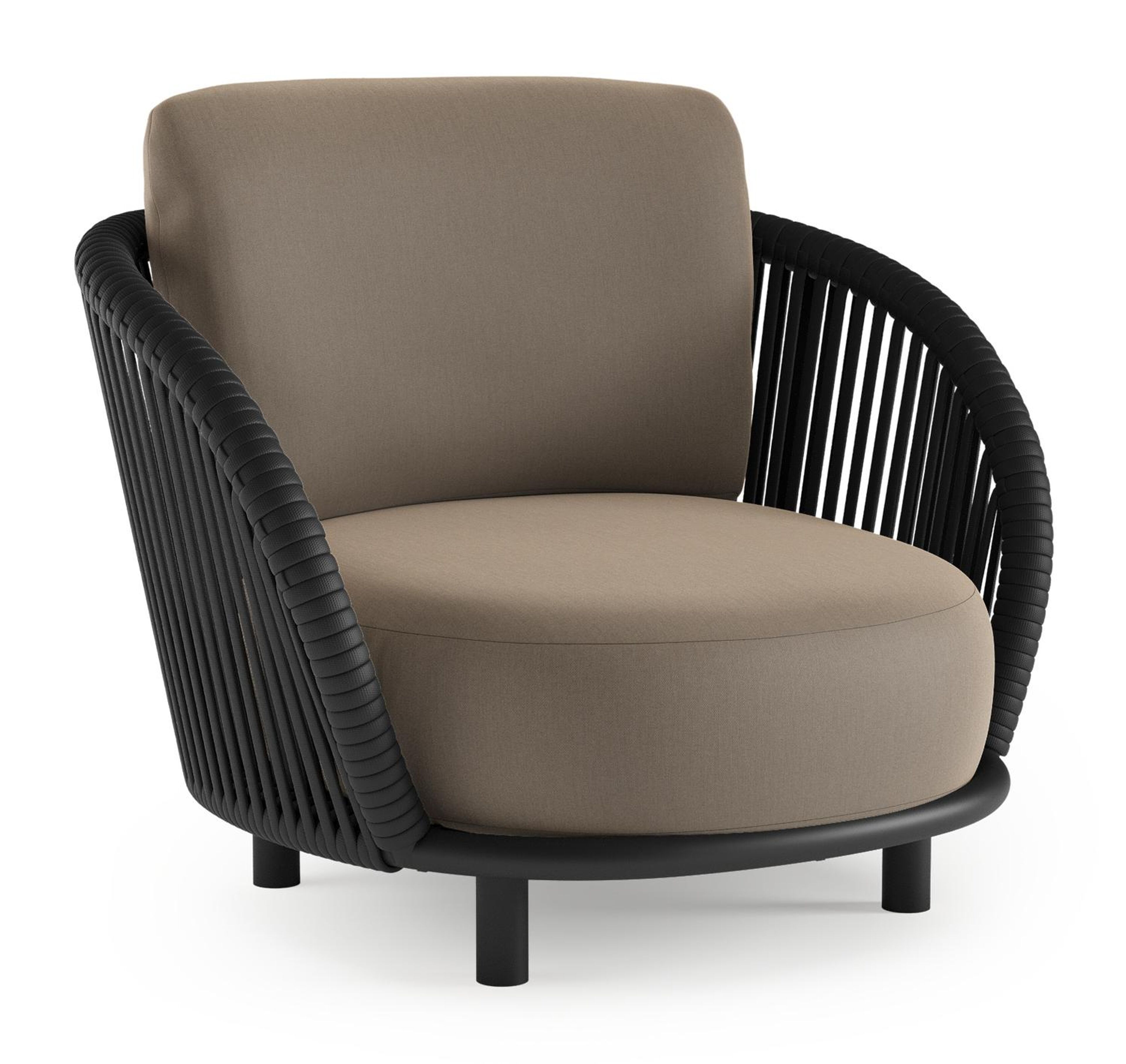 Fauteuil de jardin Lupino en aluminium noir et corde large plate de luxe tissée verticalement noir et coussins en all weather sunbrella® luxe natte heather grey