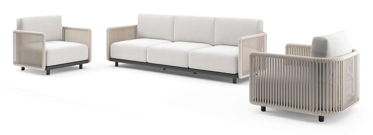 Salon de jardin Organo en aluminium noir et corde luxe plate tissée verticalement beige et coussin en all weather Solica soul optik