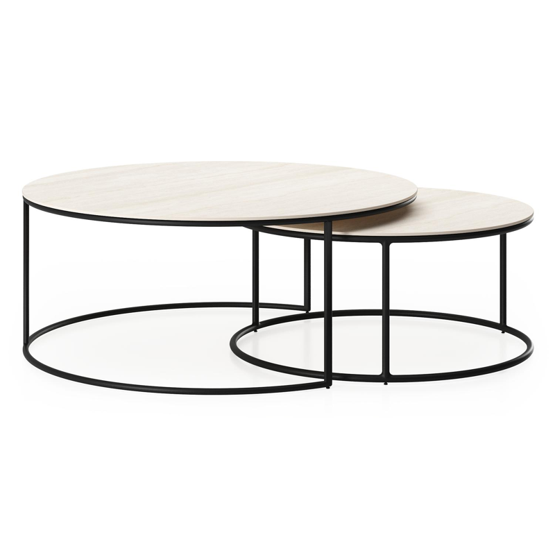 Ensemble de 2 tables d'appoint Fano ronde en noir aluminium et céramique pleine Travertino Bianco - Diam. 85 x Haut. 35 cm