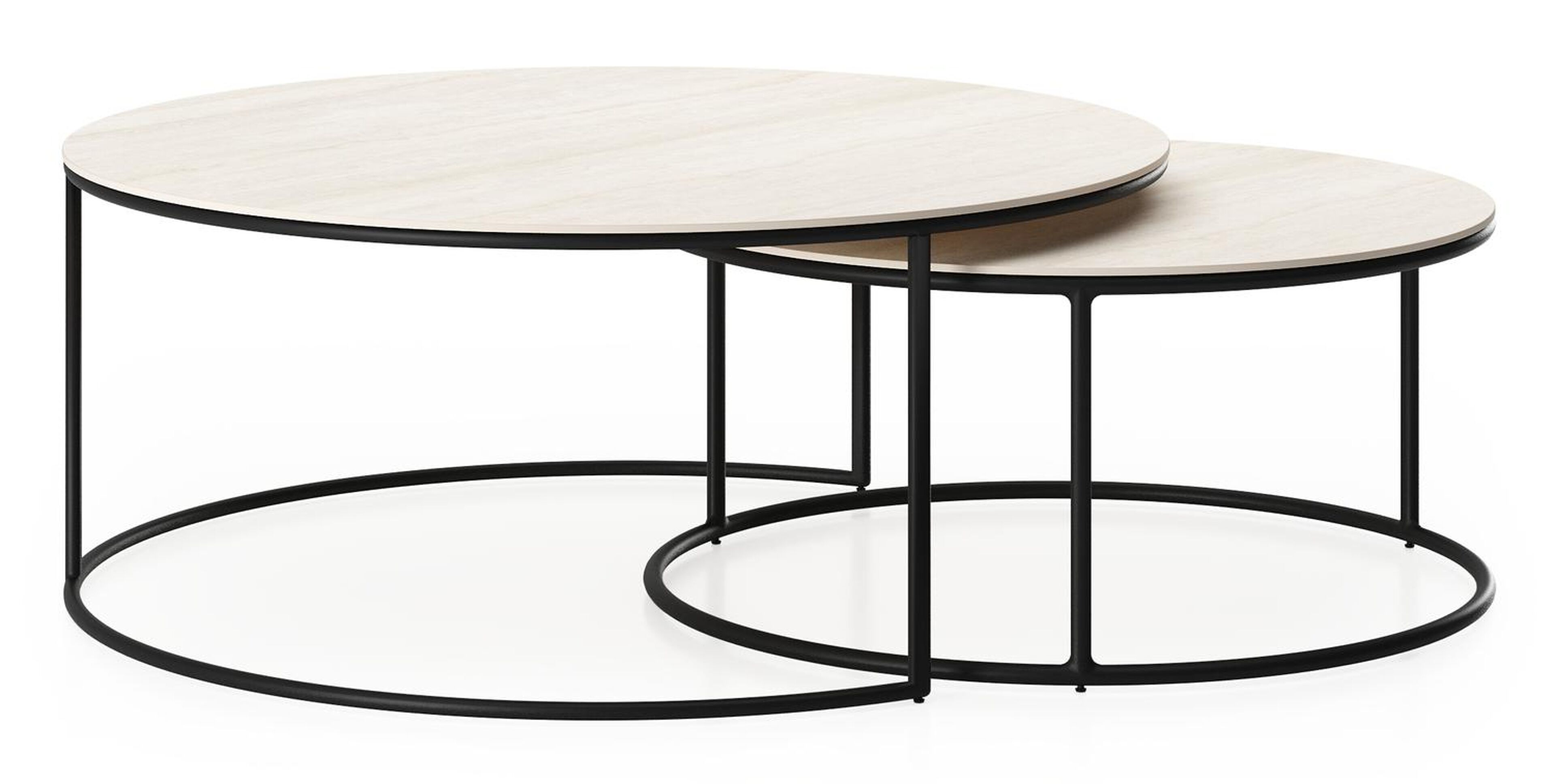 Ensemble de 2 tables d'appoint Fano ronde en aluminium noir et céramique pleine Travertino Bianco - Diam. 85 x Haut. 75 cm