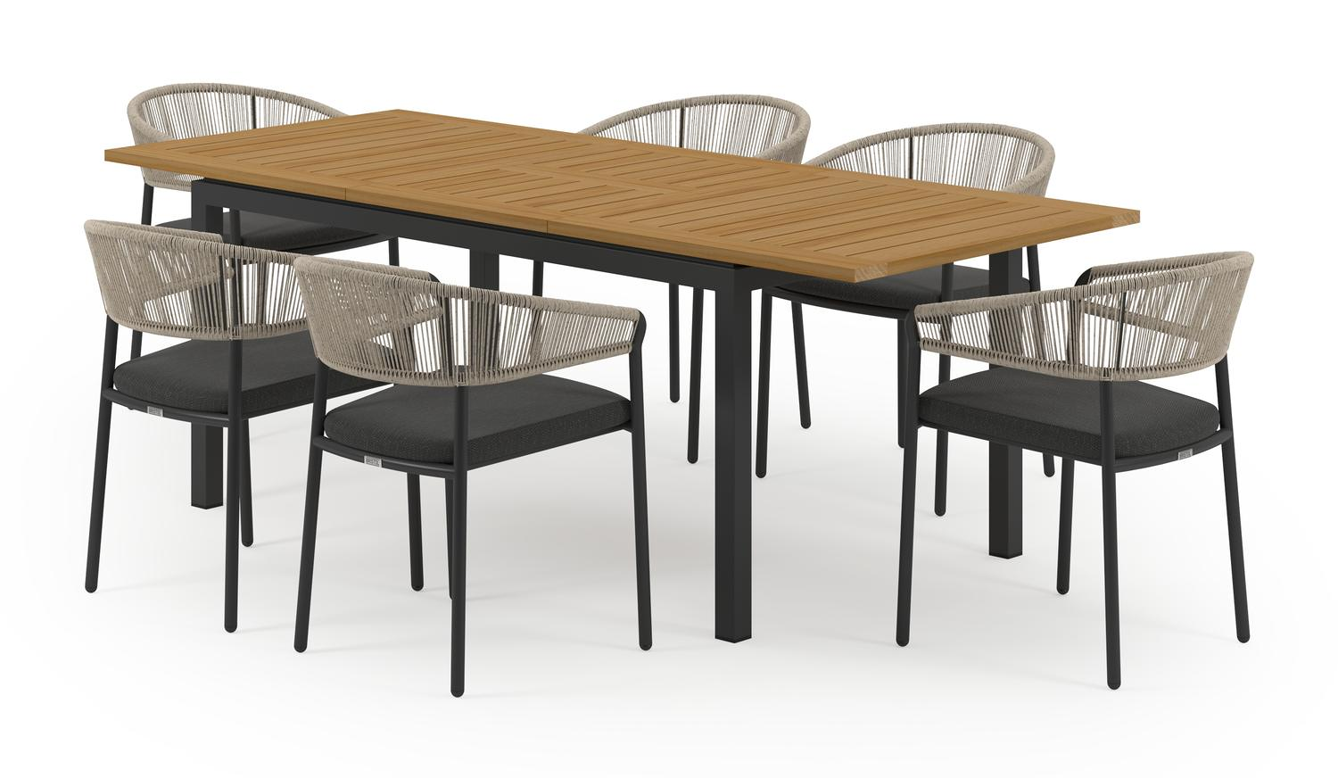 Amalfi tuinset met verlengbare tafel in zwart aluminium en teak tafelblad met 6 stapelbare Zamora tuinstoelen