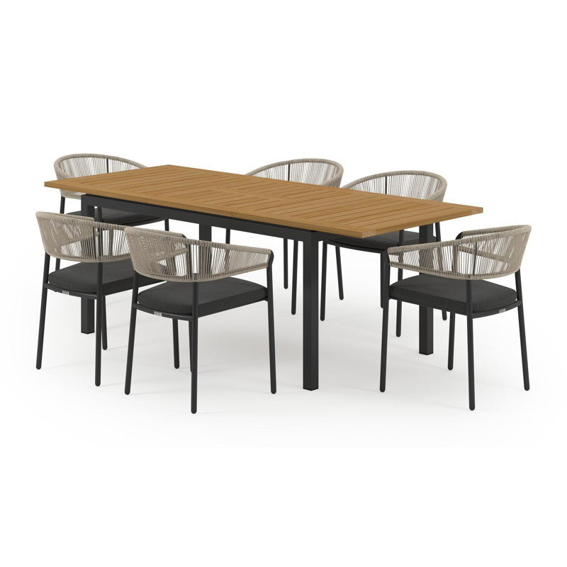 Amalfi tuinset met verlengbare tafel in zwart aluminium en teak tafelblad met 6 stapelbare Zamora tuinstoelen