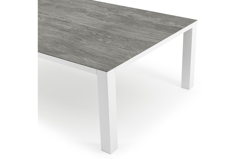 Table de jardin Nano en aluminium blanc et céramique pleine aspen grey - Lg 240 x Larg. 148 x H 75 cm