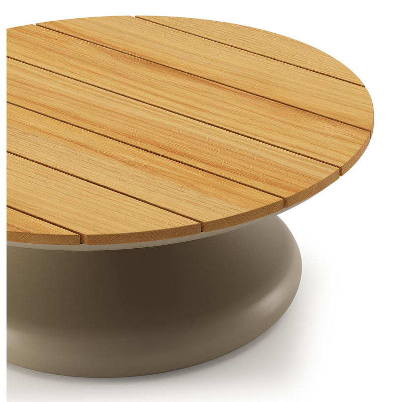 Bomero loungetafel rond in beige aluminium en teak - Dia. 84 x H 32 cm