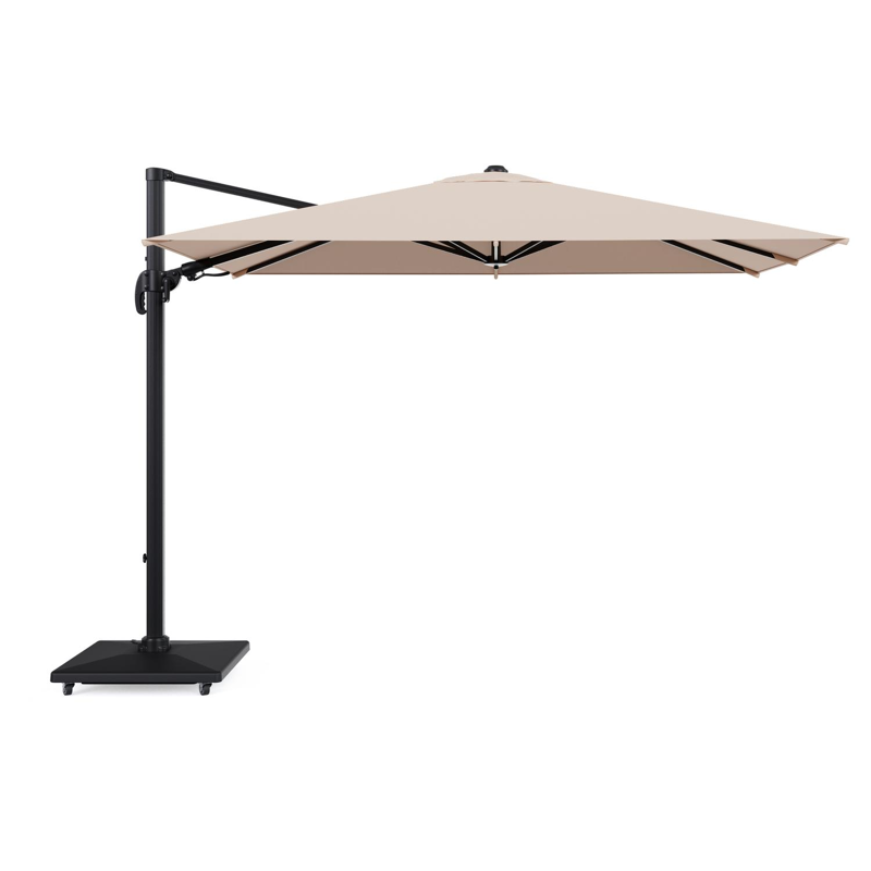 Avola zweefparasol met tiltfunctie in zwart aluminium en Natte Linen Chalk Sunbrella Premium parasoldoek - L1 200 x L2 300 cm met parasolvoet Avola 90 kg