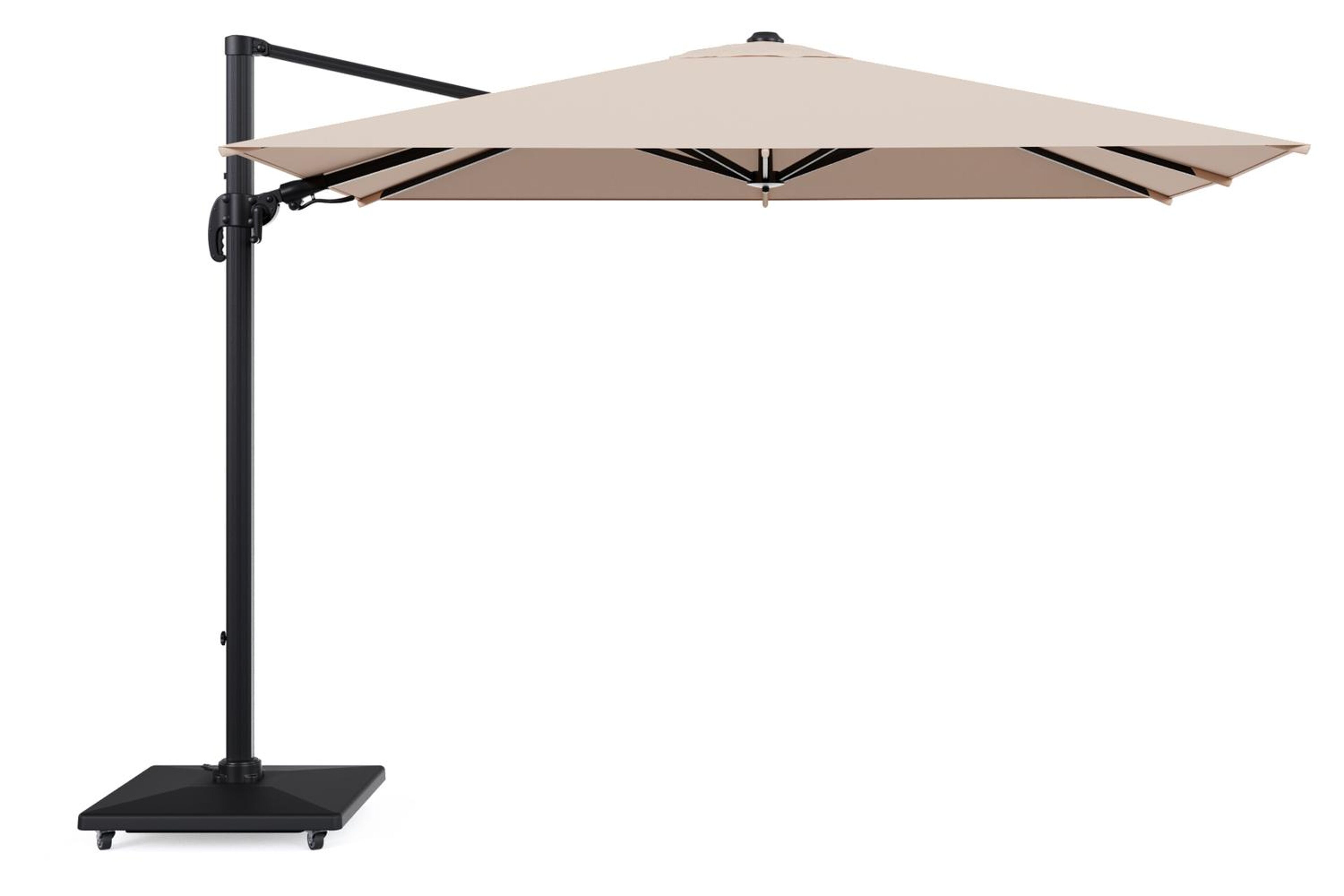 Avola zweefparasol met tiltfunctie in zwart aluminium en Natte Linen Chalk Sunbrella Premium parasoldoek - L1 200 x L2 300 cm met parasolvoet Avola 90 kg